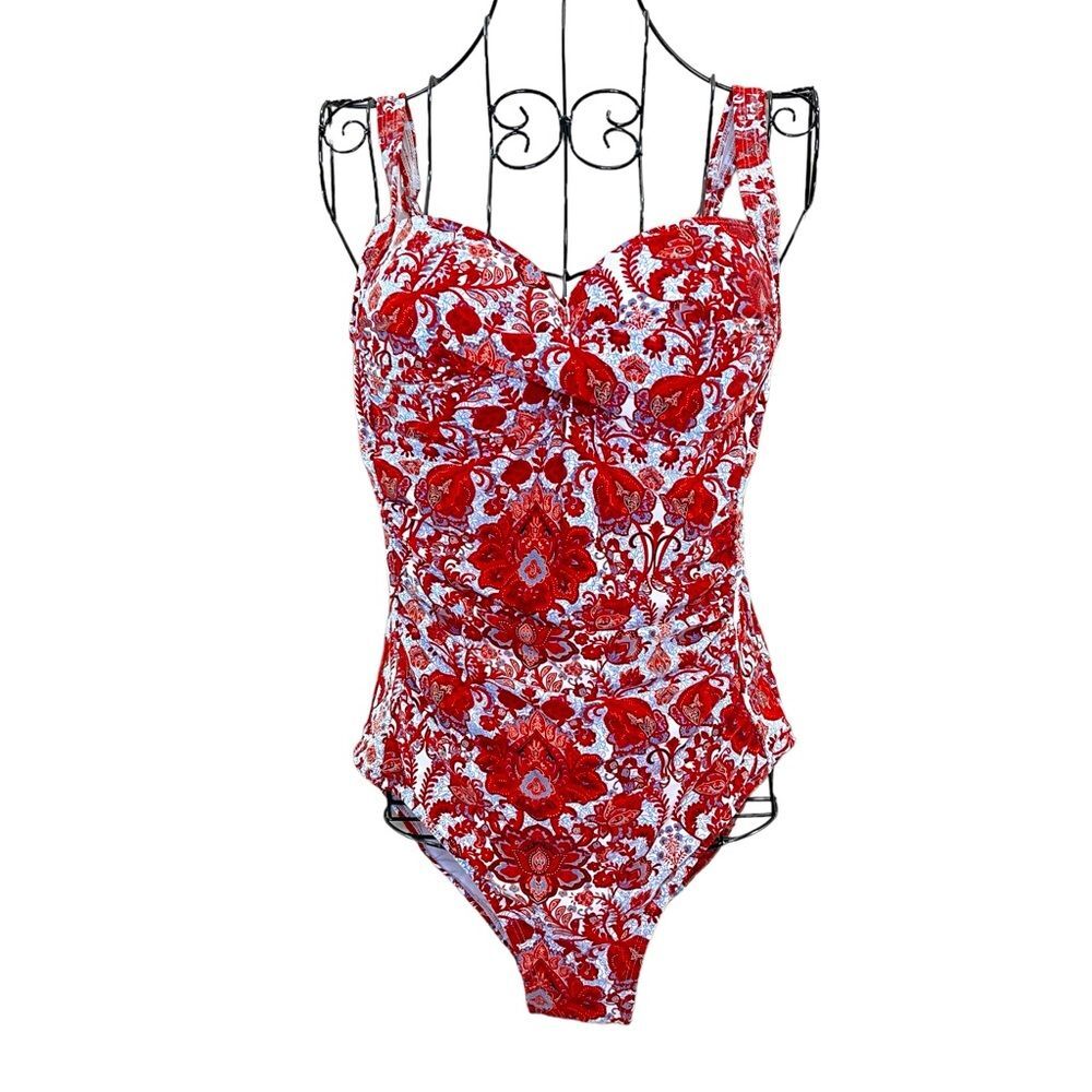 Niptuck Swim Red Blue Floral One Piece Figure Flattering Swim Suit Size 10